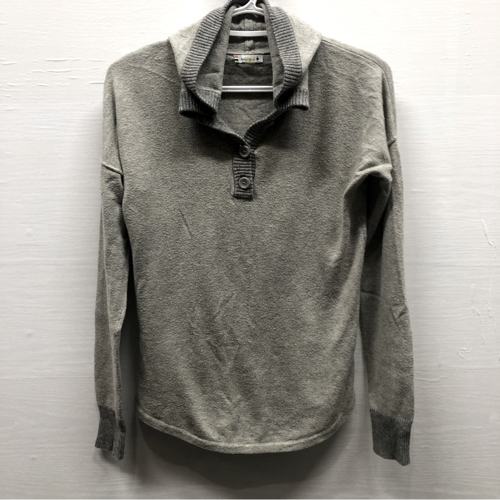 Smart wool hooded button front sweater, gray, EUC